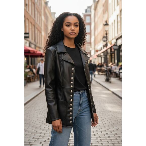 Louise Paris Jackets & Blazers - Louise Paris Faux Leather Jacket Sz S Black Mid Snaps Pockets Back Belt Modern